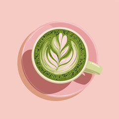 Vector illustration of a cup of matcha latte with latteart on pastel background