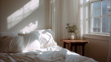 Serene interior bedroom with white bed linens, simple side table near window, reflecting purity, relaxation, modern aesthetics, useful for real estate listings, hospitality marketing, wellness concept