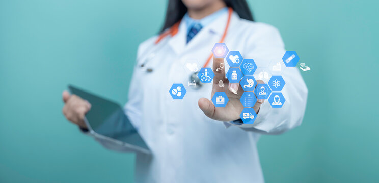 Doctor in white coat  touching digital medical interface with health icons, stethoscope, pills, and heartbeat symbol, representing health checkup, medical insurance, and modern healthcare.