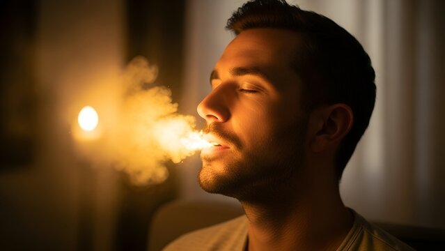 Profile of a man exhaling smoke, lit by a soft glow with eyes closed - Powered by Adobe