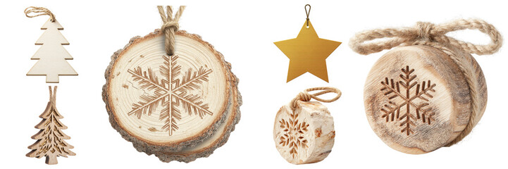 Fototapeta premium Rustic Christmas ornament set featuring snowflake and Christmas tree designs, adding holiday charm, isolated on transparent background