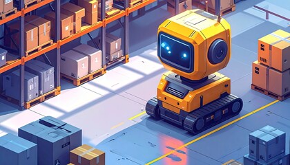 Robotic autonomous device with a screen navigates a warehouse environment, featuring stacks of cardboard boxes on shelves and the floor, suggesting automated logistics and intelligent systems,...