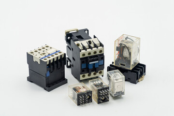 Collection of industrial relays for electrical control isolated on white background