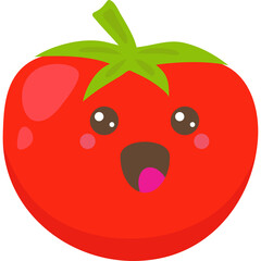 A cheerful cartoon tomato character with rosy cheeks and a wide open mouth expressing excitement and joy against a white background