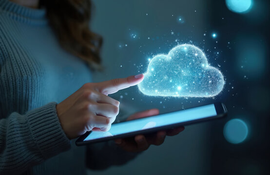 Woman uses tablet, finger touches digital glowing cloud. Shows cloud computing, online data storage, global network connection. Represents modern tech solution for business, personal data management.