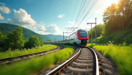 Modern red and white train speeds along scenic railway tracks through lush green countryside. Blue sky with white clouds above. Mountains and trees in background.