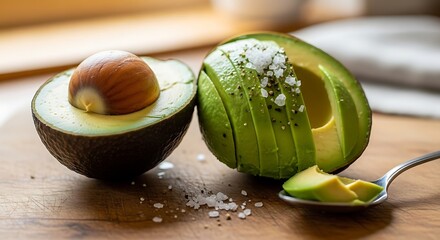 Delicious avocado halves with salt and spoon on wooden board for healthy eating and lifestyle tips