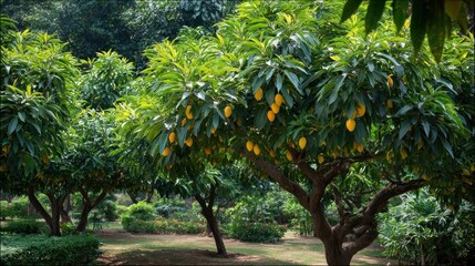Mango trees laden with ripe fruit in a lush garden setting during daytime