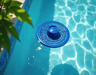 Blue pool skimmer floats on clear blue water surface collecting debris. Sunlight reflects on shimmering water ripples near tiled pool edge. Aquatic maintenance accessory cleans private pool.