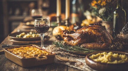 A festive dining setting featuring a roasted turkey, side dishes, and red wine, creating a warm, inviting atmosphere.