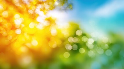 Obraz premium A vibrant, blurred background showcasing warm sunlight and lush greenery, creating a serene and refreshing atmosphere.