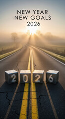 New year new goals 2026 sunrise empty road foggy morning countryside motivation hope future journey inspiration determination