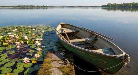 Fototapeta premium Rowboat Moored on Calm Lake with Lily Pads: Tranquil Scene Featuring Wooden Boat and Water Lilies on Serene Lake Tranquil Waters on a Serene Lake