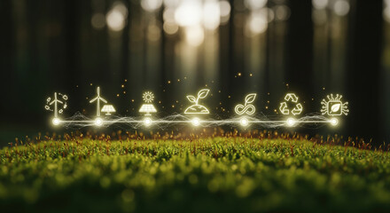 Sustainable energy solar panel wind turbine eco friendly technology green innovation recycling and nature conservation icons glowing above forest floor symbolizing environmental harmony