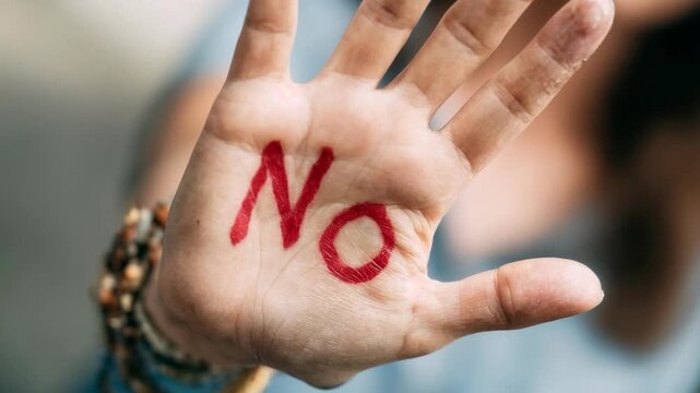 Hand with red NO written across palm, powerful social message about consent, boundaries and personal safety, minimalist protest symbol with copy space &mdash; cinematic stock video in authentic style, craft