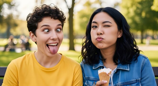 Whimsical Ice Cream Delight: Two Friends Sharing Cone and Making Funny Faces in Casual Moment of Joy and Connection in Sunny Park Setting