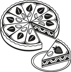 A circular pie divided into slices with a piece cut out of a round dessert tray isolated on transparent background