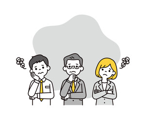 困った表情で考える、年配の経営者と若い男女の従業員の上半身ベクターイラスト素材セット