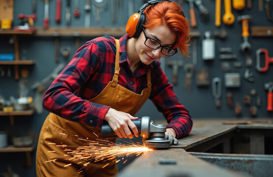 Woman uses grinder tool on metal beam creating sparks. She wears safety headphones and apron in workshop with tools on wall. Focused female worker doing fabrication.