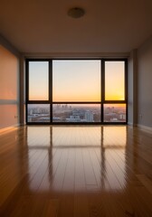 Obraz premium Sunlit condo interior showcases cityscape view from expansive window