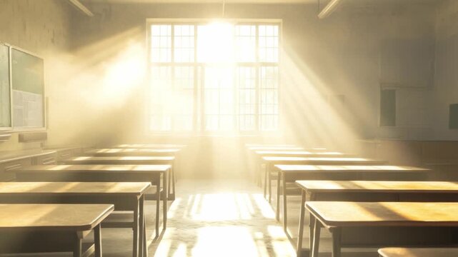 Sunlit Classroom: Golden sunlight streams into an empty classroom, illuminating rows of desks and creating an atmosphere of quiet reflection and potential. 