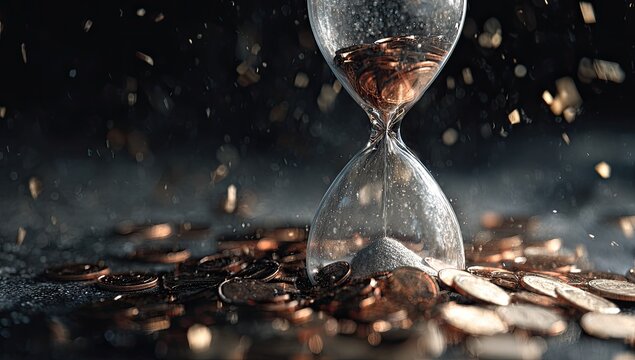 Hourglass with coins, time passing, money