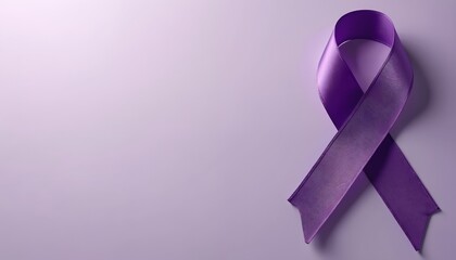 Purple awareness ribbon on plain background. Symbolizes support for various causes and charities, including cancer, domestic violence, and epilepsy awareness campaigns.