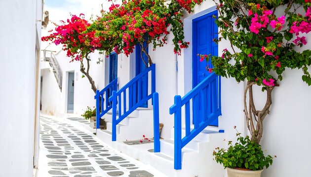 Fototapeta Whitewashed alleyway with vibrant bougainvillea