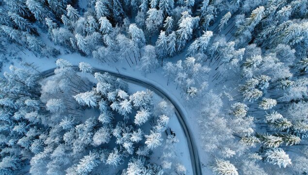 Snowy winter forest road from above - Powered by Adobe