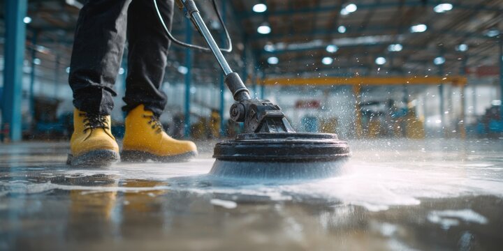 Worker in yellow boots cleaning industrial floor with machine