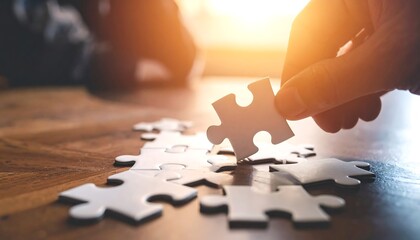 Hand hovering puzzle piece, with scattered white jigsaw pieces on a wooden surface, bright sunlight shining
