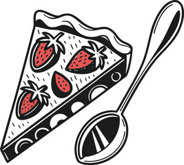 Hand drawn slice of strawberry pizza with spoon simple delicious food art isolated on transparent background