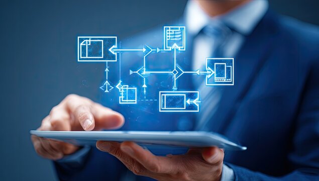 Businessman interacting with a digital workflow diagram on a tablet