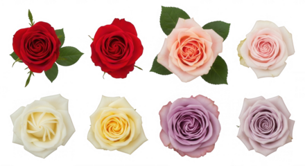 Eight colorful roses arranged symmetrically isolated on a transparent background