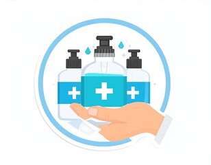 Hand offers 3 pump bottles with blue liquid. Symbolized hygiene, presented inside white & blue circle