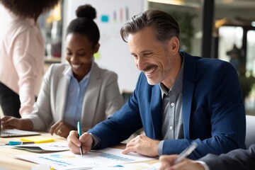 Diverse business team working together at office table. Smiling professionals signing documents during corporate meeting. Concept of teamwork, success, and modern collaborative workplace.