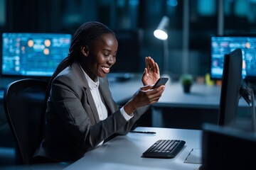 Smiling African American businesswoman having a video call on smartphone while working late in modern office. Concept of technology, communication, success, and remote business connection.
