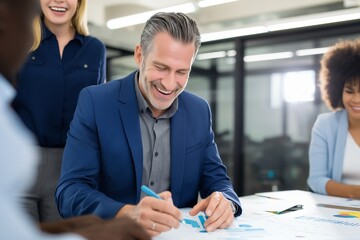 Confident mature businessman smiling while signing documents during a team meeting. Professional corporate environment with happy colleagues and positive business vibes.