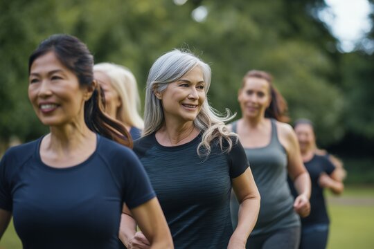 Group of diverse middle-aged and senior women exercising outdoors, smiling and jogging together in park. Concept of healthy lifestyle, active aging, wellness, fitness, vitality.