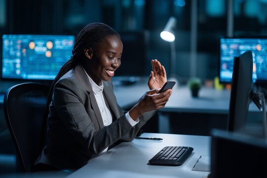 Smiling African American businesswoman having a video call on smartphone while working late in modern office. Concept of technology, communication, success, and remote business connection.