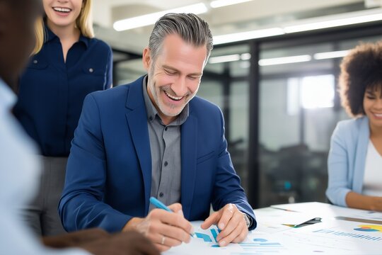 Confident mature businessman smiling while signing documents during a team meeting. Professional corporate environment with happy colleagues and positive business vibes.