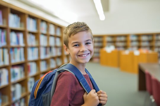 Smiling elementary schoolboy with backpack in library. Concept of childhood education, back to school, reading and learning. Bright indoor scene with shelves and books in background. - Powered by Adobe