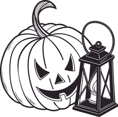 Spooky halloween jack-o'-lantern pumpkin and vintage lantern silhouetted for festive decorations isolated on transparent background