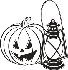 Halloween jack o lantern and old lantern spooky scene for festive autumn decorations isolated on transparent background