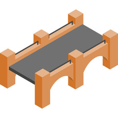 Naklejka premium Simple Isometric Orange Bridge Structure with Gray Road Surface and Minimalist Black Railings on White Background