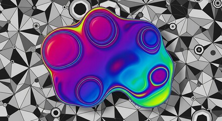 Iridescent Blob Overlays Polygonal Grid for Abstract Artistic Design
