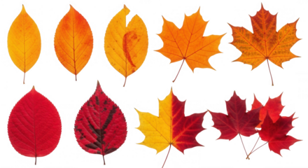 Autumn leaves collection vibrant colors isolated on a transparent background