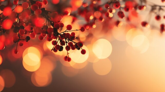 Red berries on branches with warm golden bokeh. Autumn or winter festive background with copy space. Perfect for holiday, seasonal, Thanksgiving, Christmas, or nature design themes.