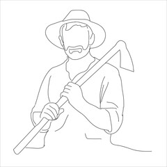 farmer carrying a hoe. Single line drawing of a farmer carrying a hoe 