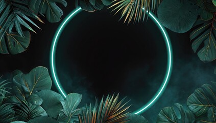 Circular neon frame surrounded by tropical foliage in a dark background